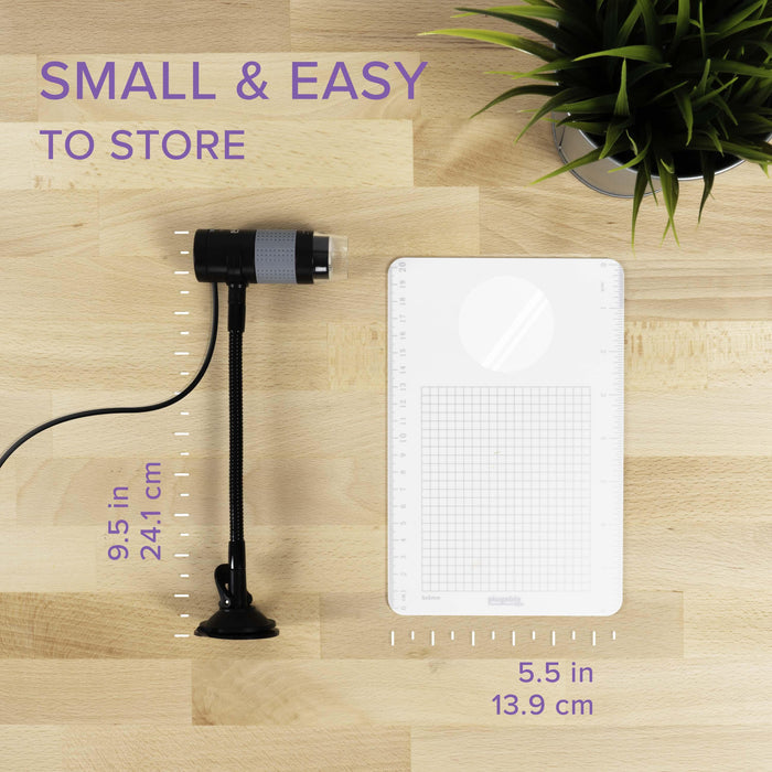 Plugable USB2-MICRO-250X microscope height is 9.5 in (24.1 cm) and base width is 5.5 in (13.9 cm).