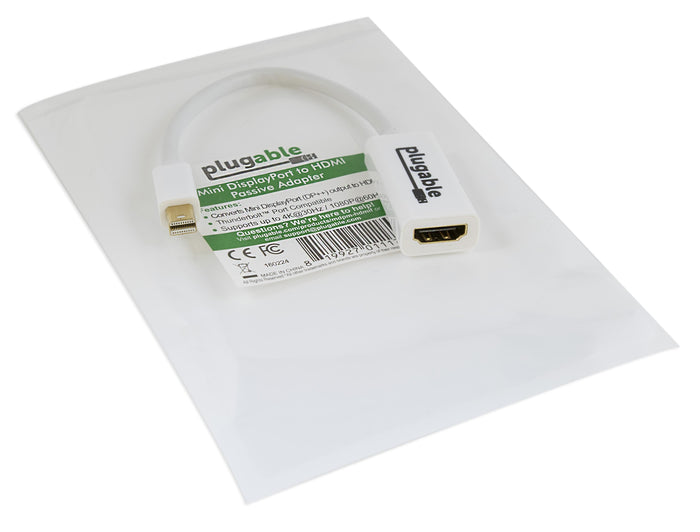 Plugable Mini DisplayPort to HDMI passive adapter in packaging, supporting 4K at 30Hz or 1080p at 60Hz.