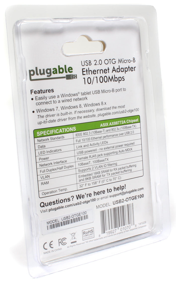 Plugable USB 2.0 OTG Micro-B to 100Mbps Ethernet adapter specifications: ASIX AX88772A chipset, RJ45 port, USB powered.
