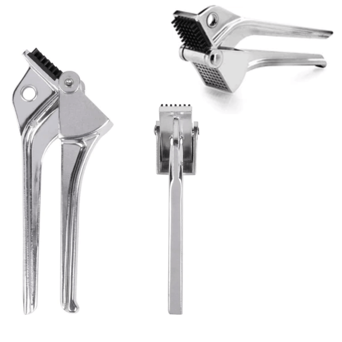 Royal Industries 7 inch Aluminum Garlic Press This garlic press features pressing nubs that force the garlic through a stainless steel blade. It is extremely easy cleaning and won't leave your hands smelling like garlic all day-ROY GP Hannah's Variety Store
