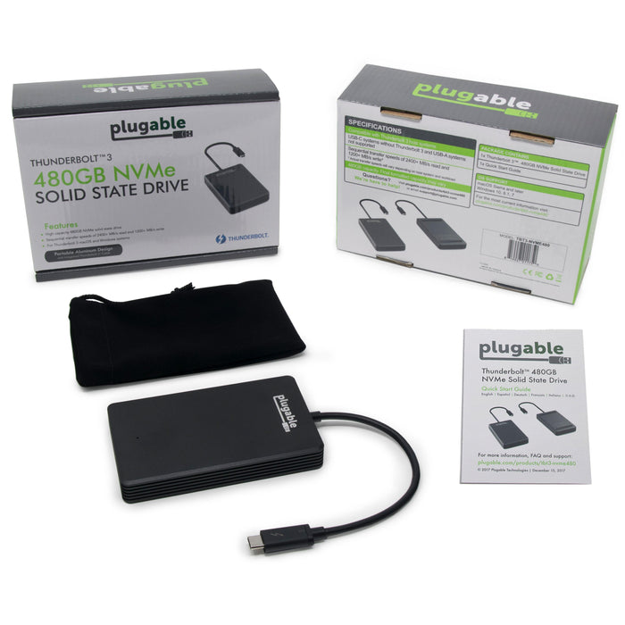 Plugable TBT3-NVME480 480GB NVMe SSD with integrated Thunderbolt 3 cable, packaging, carrying pouch, and manual.
