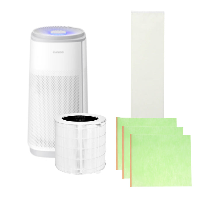 Cuckoo air purifier displayed with a 1-year replacement filter bundle, featuring HEPA, tall, and 3 green pre-filters. (CACFS-K12M03US)
