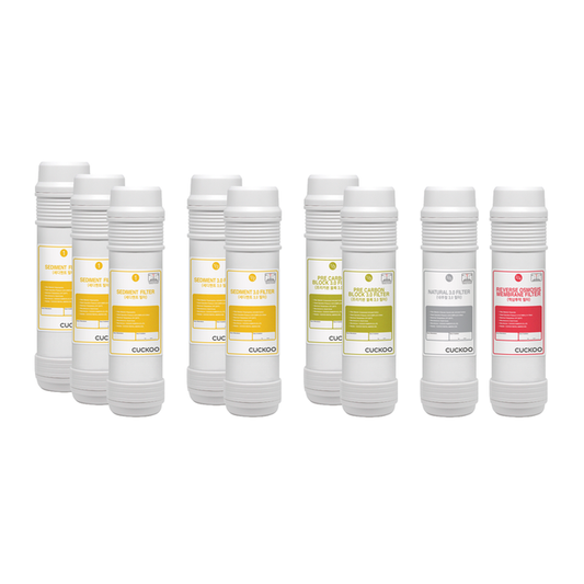 Cuckoo 1-Year Water Filter Replacement Bundle: 4 Sediment, 2 Pre-Carbon 3.0, 1 Natural 3.0, and 1 RO Membrane filter shown. (CPFS-AD12M1105US)