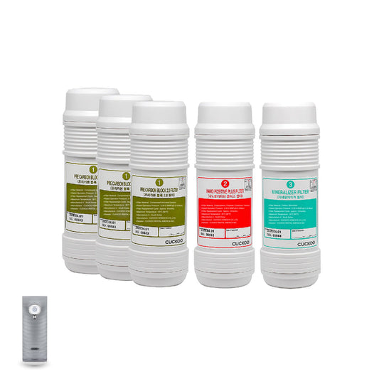 Cuckoo 1-Year Water Filter Replacement Bundle: 3 Pre-Carbon Block, 1 Nano Positive Plus, and 1 Mineralizer filter shown. (CPFS-M12M0803US)