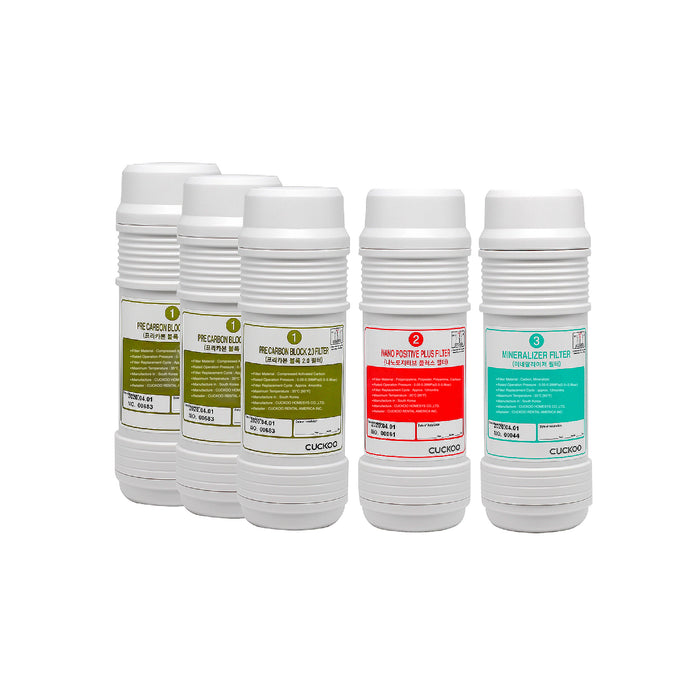 Cuckoo 1-Year Water Filter Replacement Bundle: 3 Pre-Carbon Block, 1 Nano Positive Plus, and 1 Mineralizer filter shown. (CPFS-M12M0803US)