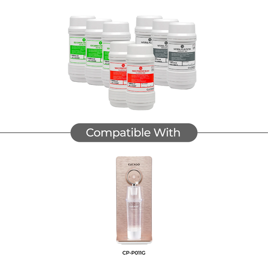 1-Year Water Filter Replacement Bundle shown with compatible Cuckoo CP-P011G water purifier. (CPFS-P12M0403US)
