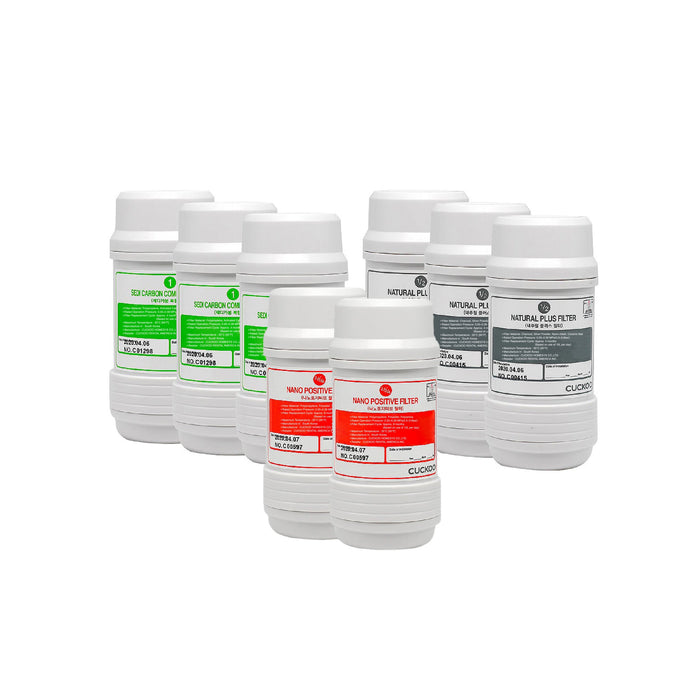 Cuckoo 1-Year Water Filter Replacement Bundle: 3 Sediment Carbon, 2 Nano Positive, and 2 Natural Plus filters shown. (CPFS-P12M0403US)