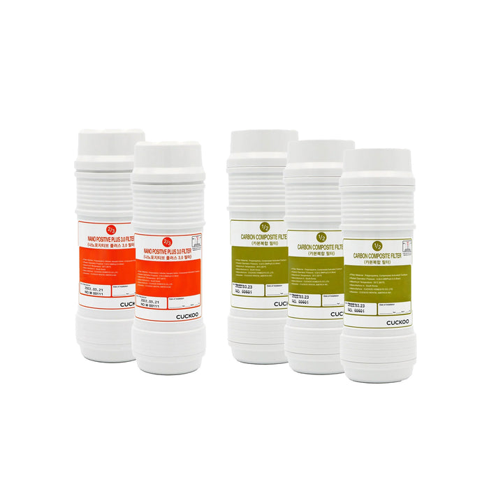 Cuckoo 1-Year Water Filter Replacement Bundle: 2 Nano Positive Plus 3.0 filters and 3 Carbon Composite filters shown. (CPFS-T12M0802US)