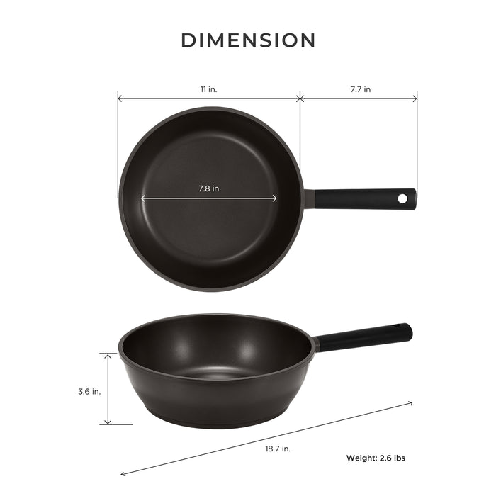 Dimension diagram of the Kyndell wok pan: 11-inch diameter, 7.8-inch cooking base, 3.6-inch depth, and 2.6 lbs total weight. (COP-B2810HGB)