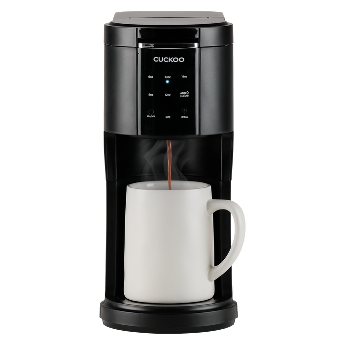 Black CUCKOO single-serve coffee maker brewing into a white mug, featuring a digital control panel with cup size settings. (CCM-AK011B)