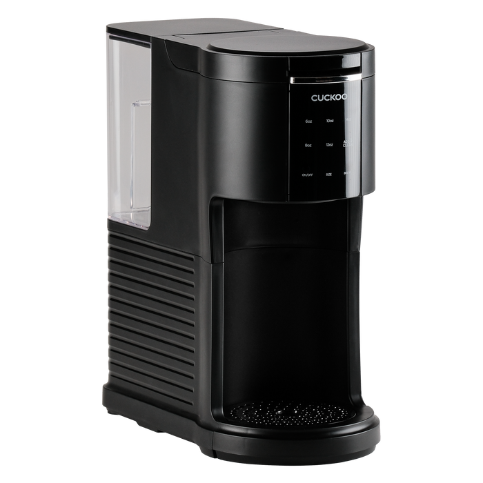 Black CUCKOO K-Cup single-serve coffee maker with a slim profile, transparent water tank, and digital control panel. (CCM-AK011B)