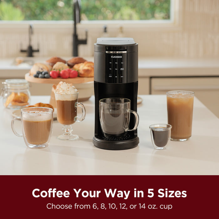 Black CUCKOO K-Cup coffee maker on a kitchen counter, highlighting the 5-size brewing options from 6, 8, 10, 12, or 14 oz. (CCM-AK011B)