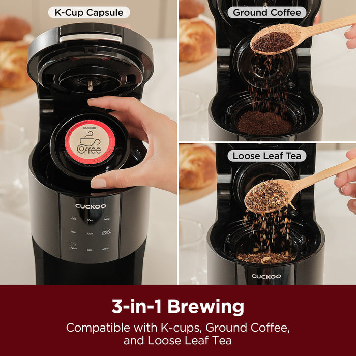 CUCKOO coffee maker demonstrating 3-in-1 brewing versatility with K-Cup capsules, ground coffee, and loose-leaf tea options. (CCM-AK011B)