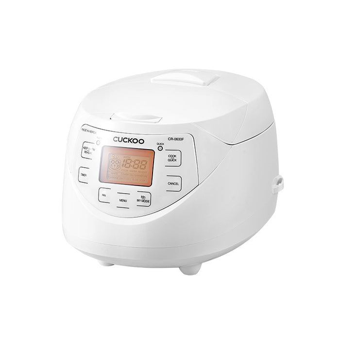 White Cuckoo electric rice cooker shown at an angle, featuring an orange digital display and a control panel with buttons. (CR-0633F)