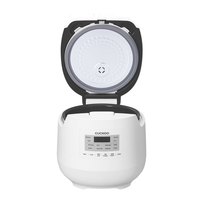 Front view of a white Cuckoo rice cooker with its lid open, showcasing the detachable interior lid plate. (CR-0641F)