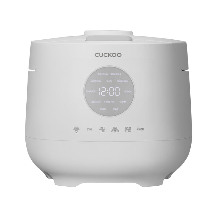 Front view of a white Cuckoo rice cooker featuring a circular digital display panel with integrated menu function buttons. (CR-0661F)