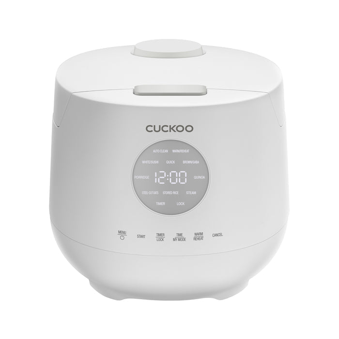 Front view of a white Cuckoo rice cooker with a circular digital display panel and integrated touch control buttons. (CR-0661F)