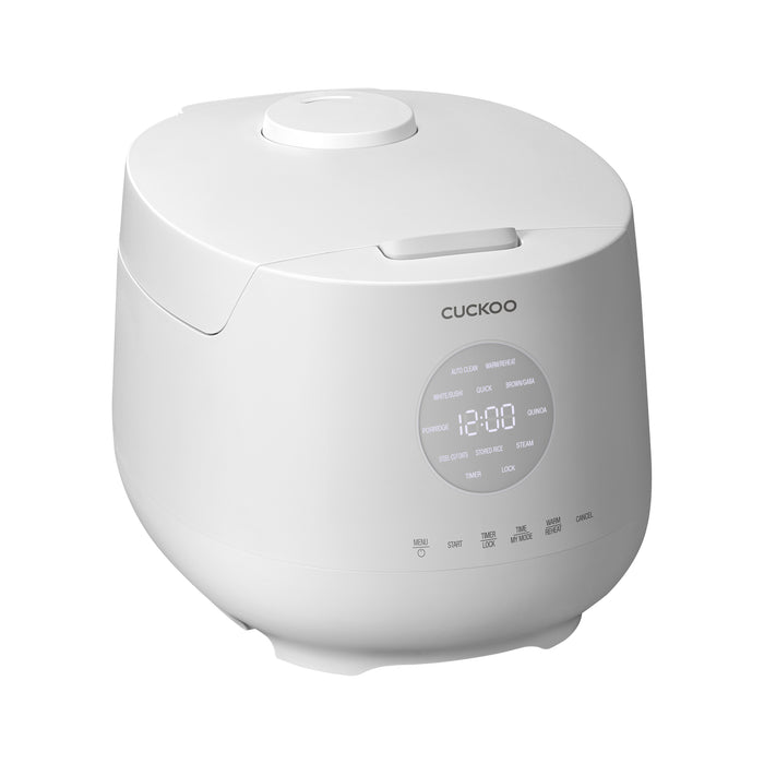 Angled view of a white Cuckoo rice cooker featuring a circular digital display panel and integrated touch control buttons. (CR-0661F)