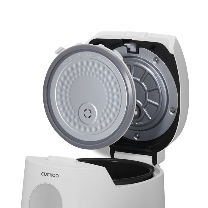 Close-up of a Cuckoo rice cooker with the lid open, highlighting the detachable stainless steel inner lid plate. (CR-0661F)