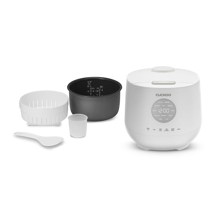 White Cuckoo rice cooker displayed with accessories including an inner pot, steaming basket, measuring cup, and rice paddle. (CR-0661F)
