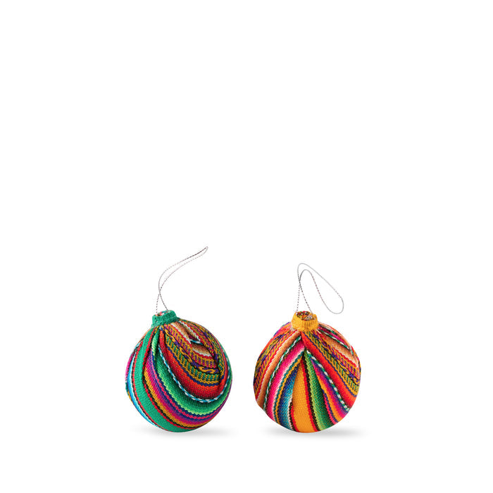 Group of two Inspired Peru Andean Sphere Ornaments with multicolored Inca inspired fabric