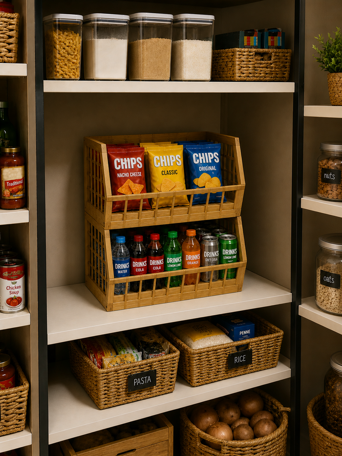 Bamboo Storage Bin - Open Front Stackable Storage Bins with Lattice Design for Kitchen & Pantry