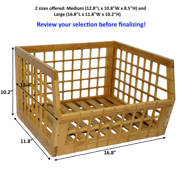 Bamboo Storage Bin - Open Front Stackable Storage Bins with Lattice Design for Kitchen & Pantry