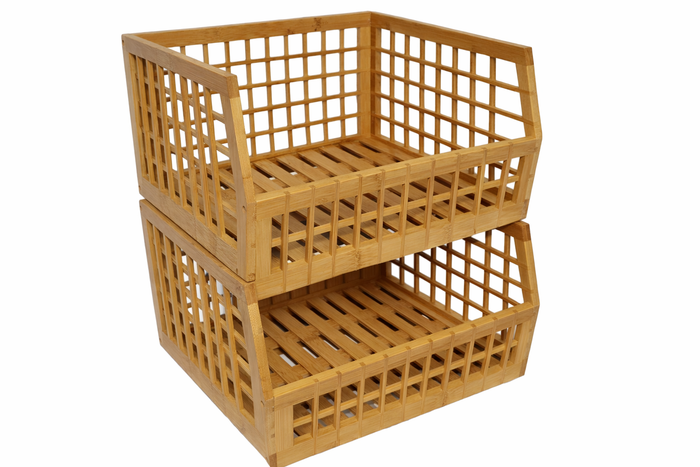 Bamboo Storage Bin - Open Front Stackable Storage Bins with Lattice Design for Kitchen & Pantry