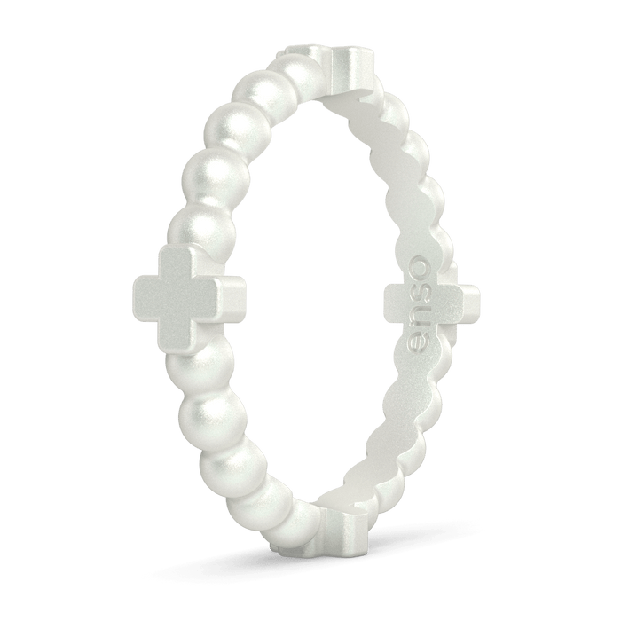 Beaded Cross Stackable Silicone Ring - Metallic Pearl