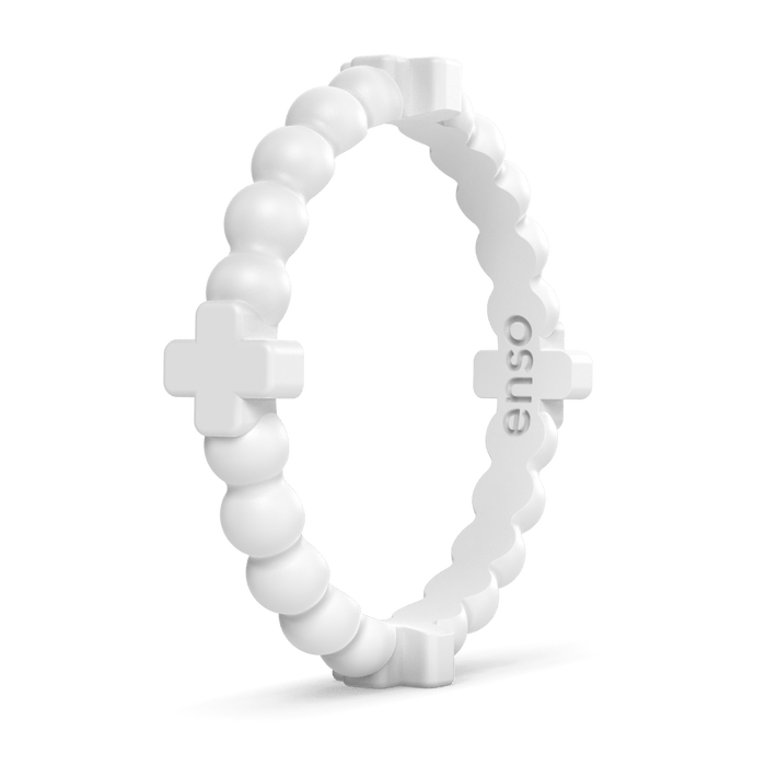 Beaded Cross Stackable Silicone Ring - White