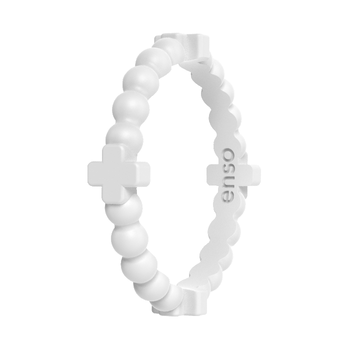 Beaded Cross Stackable Silicone Ring - White