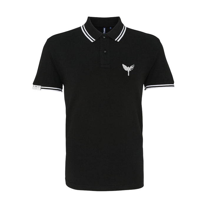 Sleep On It black short-sleeve polo shirt with white trim on the collar and sleeves, an embroidered small white bird logo on the left chest, and a small white label on the left sleeve.
