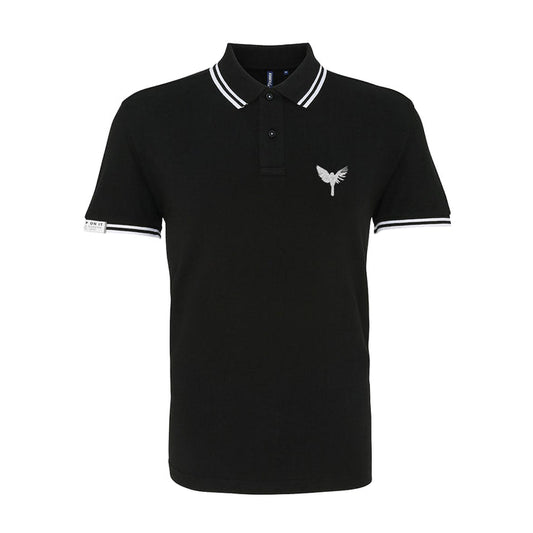 Sleep On It black short-sleeve polo shirt with white trim on the collar and sleeves, an embroidered small white bird logo on the left chest, and a small white label on the left sleeve.