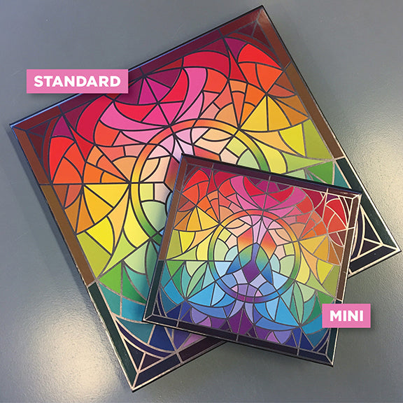 Top angled Blemished Mini Stained Glass Magnetic Palette on Blemished Standard Palette