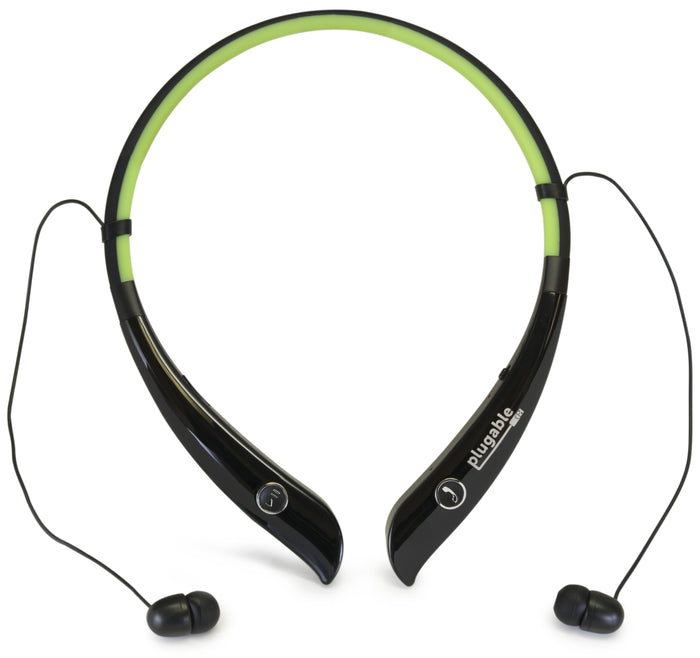 Plugable Bluetooth neckband headphones with integrated playback and call control buttons.