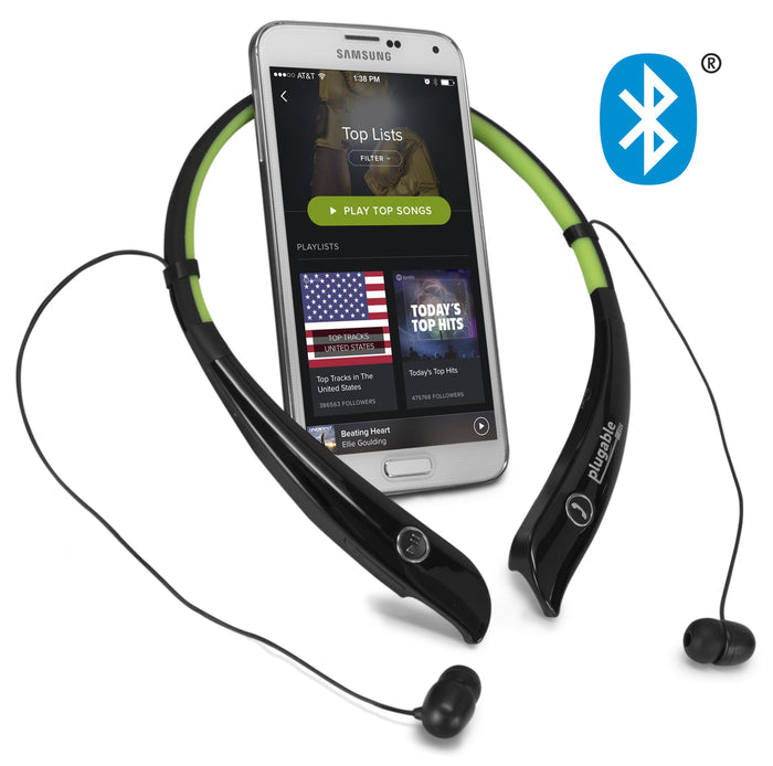 Plugable Bluetooth neckband headphones paired with a smartphone displaying a music streaming app.