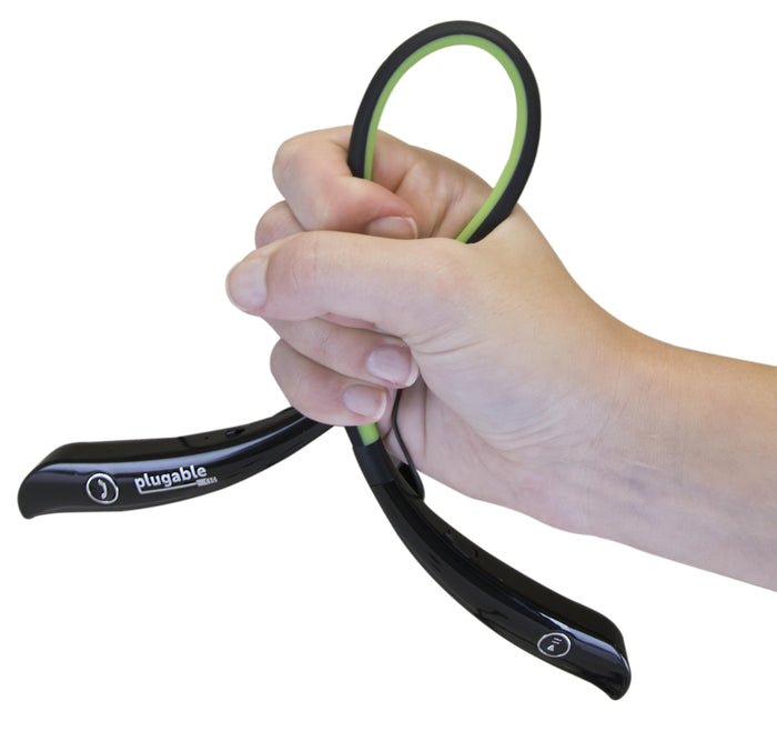 Plugable BT-HSFLEX Bluetooth headphones with flexible neckband, featuring call and play/pause control buttons.