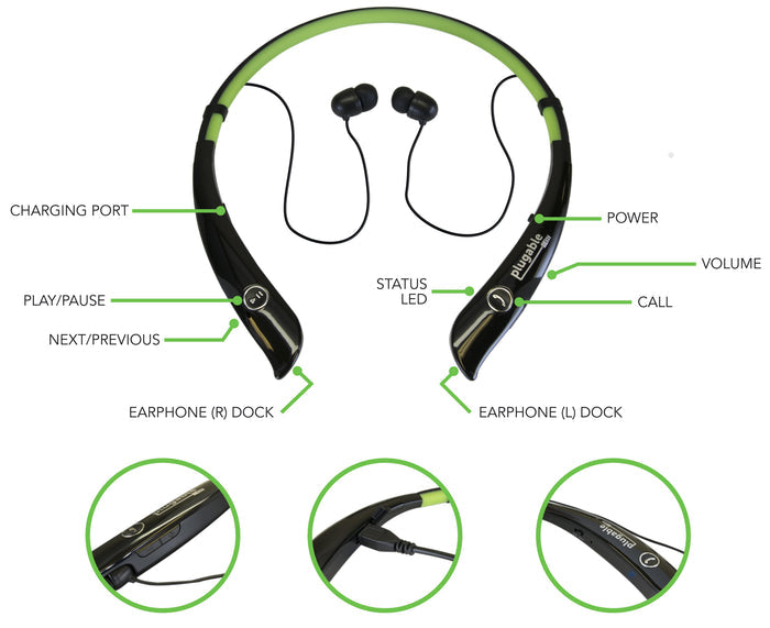 BT-HSFLEX controls: charging port, play/pause, next/previous, earphone docks, power, status LED, call, and volume buttons.