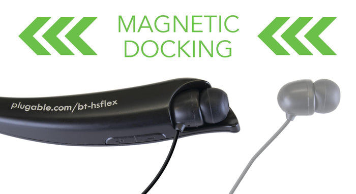 Plugable BT-HSFLEX neckband headphones featuring magnetic docking for the earbuds.
