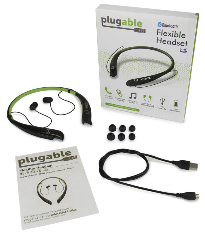 Plugable BT-HSFLEX Bluetooth headset with neckband, USB charging cable, ear tips, quick start guide, and retail box.