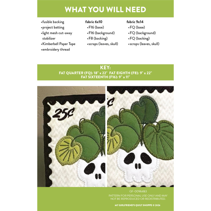 A product information sheet for an embroidered patch design, showing a key with fabric requirements and a sample patch layout. The patch design depicts a skull with green leafy vines on a cream background.