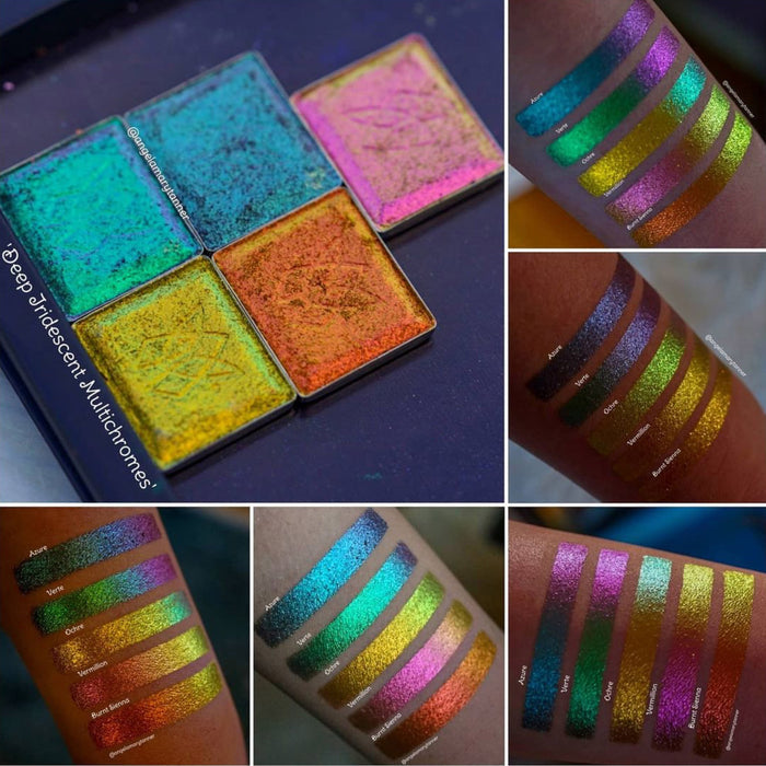 Collage of swatches of Burnt Sienna Deep Iridescent Multichrome Eyeshadow shifts compared to Azure, Verte, Ochre, Vermilion