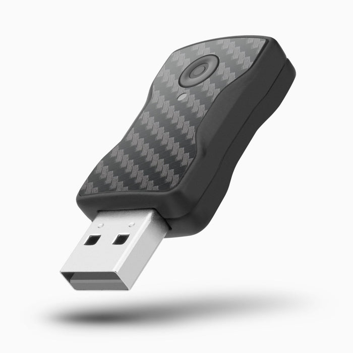 Wireless car adapter with USB plug, carbon-fiber pattern, and oval indicator button