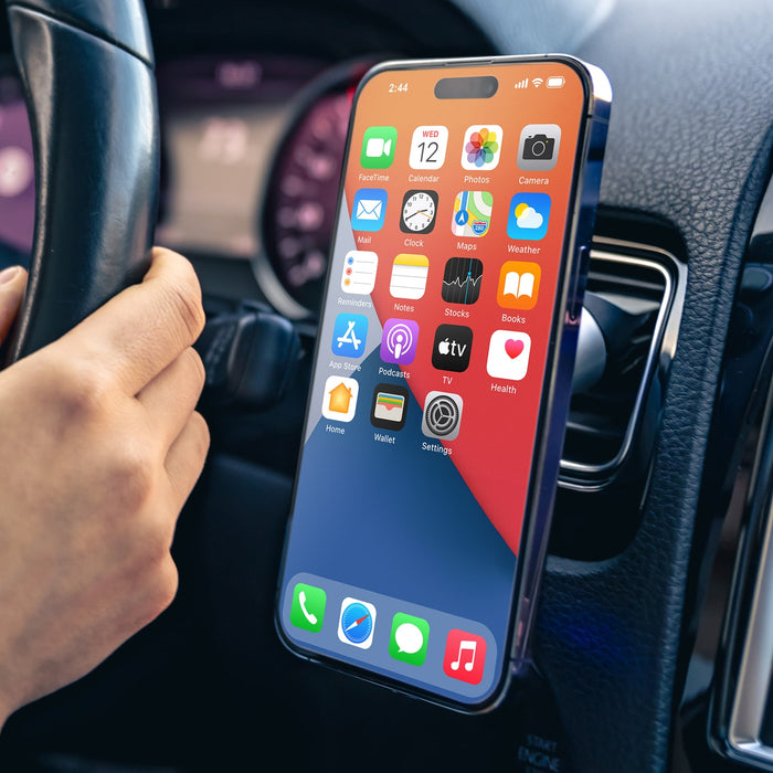 Smartphone showing CarPlay home screen connected via wireless car adapter