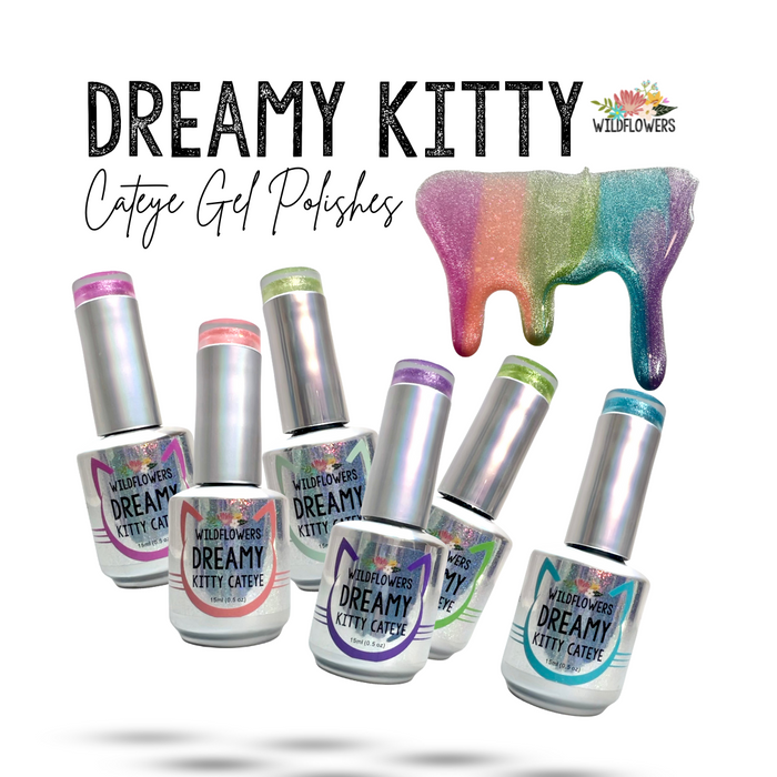 A collection of magnetic cateye gel polishes in various pastel colors, displayed in bottles with labels showing the Dreamy Kitty Cateye Collection. A color melting graphic is also visible in the background.