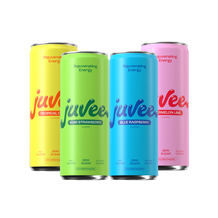 Four colorful cans of Juvee drinks on a white background