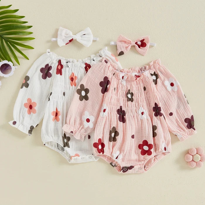 FLOWERS Smocked Romper with Headband