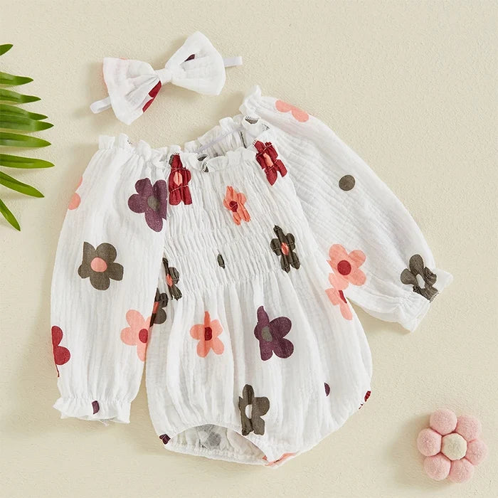 FLOWERS Smocked Romper with Headband