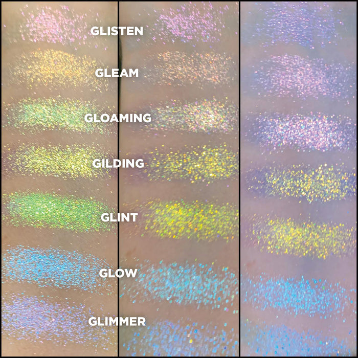 Swatches of Gleam Glitter-Type Iridescent Multichrome Eyeshadow shifts pink-orange-yellow compared to Gloaming, Glisten, Glimmer, Glow, Gilding, Glint