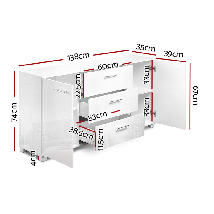 High Gloss Sideboard Storage Cabinet Cupboard - White -Home Living Store - -